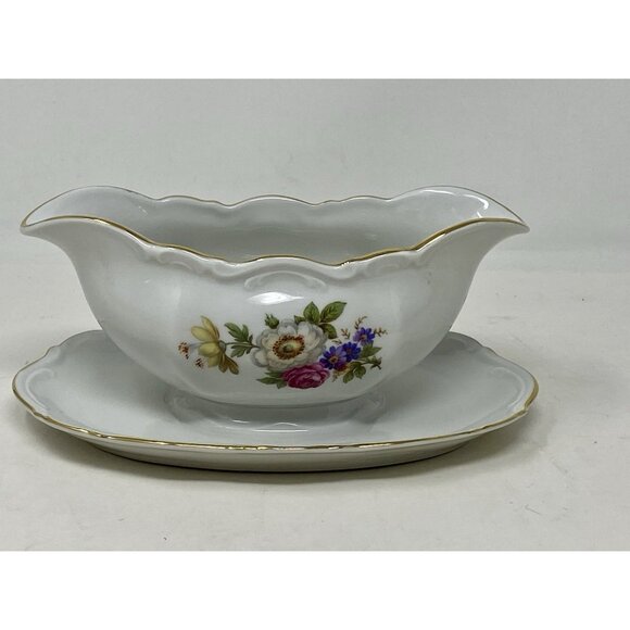 Mitterteich Gravy Boat With Attached Plate Meissen Floral Gold Trim Germany - Picture 2 of 10